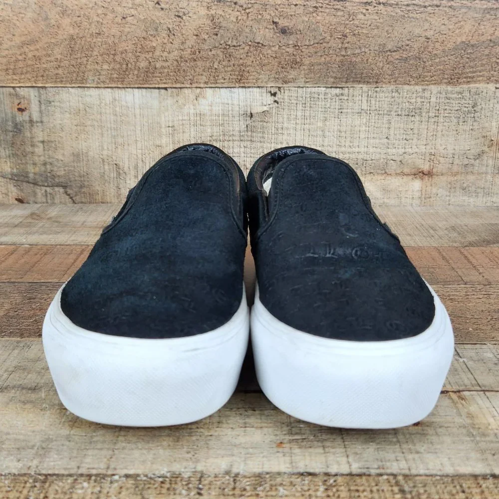 Vans Slip On Platform‎ Women Sz 6 Suede Embossed Letters Casual Classic Black - Picture 2 of 10